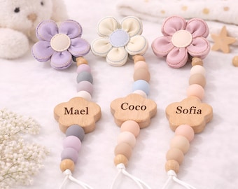 Clip para chupete de bebé personalizado con nombre, cuentas de silicona florales, cadena de madera para chupete, regalo para baby shower