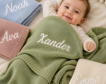 Manta de bebé de punto personalizada con nombre bordado a medida, manta para cochecito de recién nacido, regalo para baby shower, recuerdo único para la habitación del bebé.