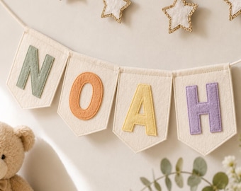 Guirnalda de fieltro con el nombre del bebé, arcoíris, decoración personalizada para la habitación del bebé, banderín grande, regalo para baby shower, letrero de pared de cumpleaños
