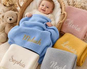 Manta personalizada con nombre de bebé, bordada, de punto, para cochecito, suave, para recién nacido, ideal como recuerdo o regalo para baby shower.