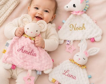 Manta de apego personalizada para bebé con nombre bordado a medida, manta de seguridad con forma de animal, recuerdos para recién nacidos, regalo para baby shower