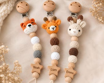 Clip para chupete de animal de ganchillo, soporte para chupete de bebé, cadena de cuentas de madera hecha a mano, color neutro, regalo para recién nacido en baby shower