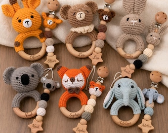 Personalisierte häkeln Schnullerkette mit Namen Tier Schnullerkette Baby Rassel Set aus Holz Neugeborenen Binky Halter Baby Shower Geschenk Andenken