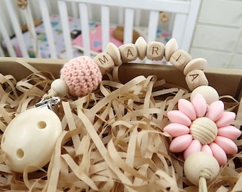 Clip para chupete de bebé personalizado con nombre, soporte floral de madera, cadena para chupete personalizada, regalo para baby shower de recién nacido