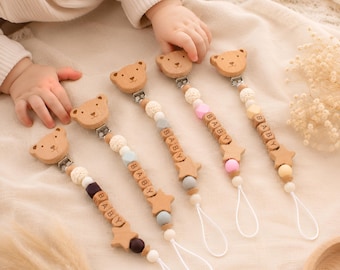 Clip personalizado para chupete con forma de oso y nombre, soporte de madera hecho a mano para chupete de bebé, cadena personalizada para chupete de recién nacido, regalo para baby shower de niño o niña.