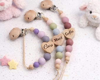 Clip para chupete personalizado con nombre, soporte para chupete de silicona con cuentas, cadena para chupete con forma de corazón de madera, clip para chupete personalizado, regalo para baby shower de recién nacido