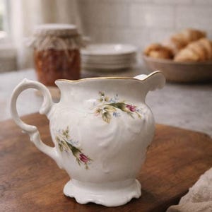 Pode incluir: Um cremeira de porcelana branca com um design floral com detalhes em rosa e verde. A cremeira tem uma borda dourada e uma alça decorativa. Está sobre uma tábua de corte de madeira, sugerindo um ambiente de cozinha ou sala de jantar.