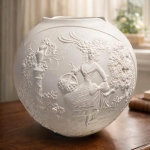 May include: A white, spherical vase with a detailed relief design. The relief depicts a woman in a flowing dress carrying a basket, surrounded by floral and vine motifs. The vase is likely ceramic and sits on a wooden surface.
