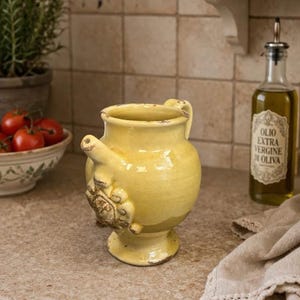 Leona Italy 1960s Handworked Yellow Pottery Pitcher - Rustic Relief Crest