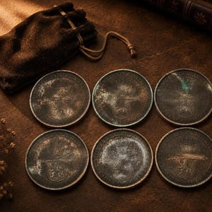 May include: Six circular metal coins with a weathered, dark patina finish. Each coin features an embossed heraldic crest depicting a lion and a crown. The coins are arranged in two rows of three, accompanied by a small, dark brown fabric drawstring pouch.