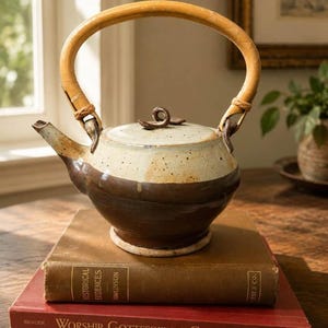 May include: A ceramic teapot with a light brown and dark brown glaze, featuring a bamboo handle. The teapot sits atop two antique books with gold lettering. The handle is attached with leather straps. The teapot has a small, decorative knob on the lid.
