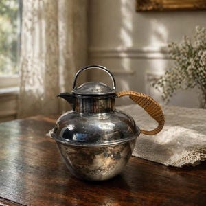 Lawrence B. Smith Co. Silver Plate Teapot | Pattern 1119 Pitcher with Woven Rattan Handle