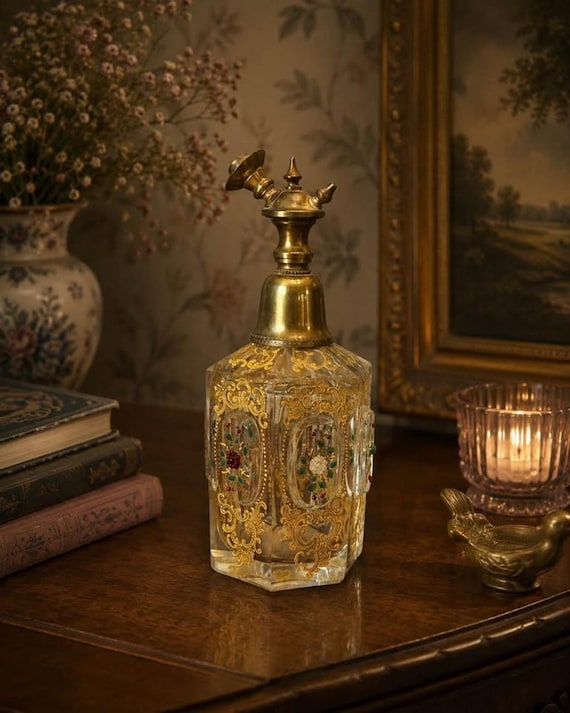 Antique Bohemian Gilded Crystal Perfume Atomizer Bottle