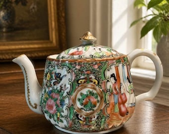 Rose Medallion Porcelain Teapot, Mid-Century Hand-Painted Famille Rose Canton Style