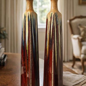 Pair of 19" Tall Vintage Studio Pottery Obelisk Vases