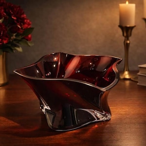 May include: A decorative, dark red glass bowl with a unique, wavy design. The bowl sits on a wooden surface, with a bouquet of red flowers in a gold vase and lit candles in the background. The bowl's shape is asymmetrical.
