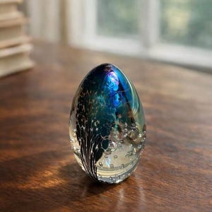Vintage Signed MSH 1990 Mount St. Helens Ash Dichroic Art Glass Egg Paperweight