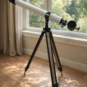 May include: A vintage-style telescope with a white tube and black accents, mounted on a wooden tripod. The telescope is positioned near a window, offering a view of the outdoors. The tripod legs are approximately 36 inches tall.