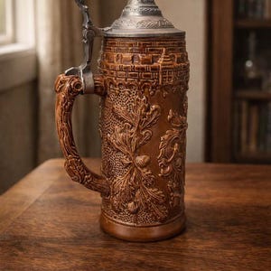 Puede incluir: Jarra de cerveza de cerámica marrón con un diseño en relieve detallado de hojas de roble, bellotas y una parte superior en forma de castillo. El asa tiene forma de rama de árbol y la tapa es plateada.