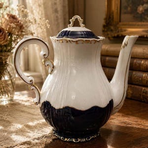 May include: A porcelain teapot featuring a white upper body and a deep navy blue base with scalloped edges. The teapot includes a matching lid with a decorative handle, a curved spout, and a scrolled handle, all accented with gold trim details.