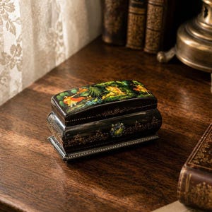 Puede incluir: Una caja rectangular de laca negra con una escena pintada a mano en la tapa que representa figuras en un entorno forestal. La caja está decorada con intrincados patrones de filigrana dorada en los lados y bordes, con un acabado brillante.