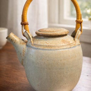 May include: A ceramic teapot with a light green glaze and a bamboo handle. The teapot has a rounded body, a spout, and a lid. The handle is arched and attached to the pot with woven twine. The teapot is sitting on a wooden surface.