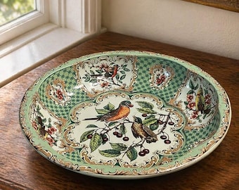 Bol de hojalata festoneado vintage Daher Decorated Ware de 1971 - Diseño de pájaros y cerezas