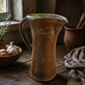 Könnte beinhalten: Ein hoher, zylindrischer Keramikkrug mit einer texturierten, gesprenkelten braunen Glasur und einem markanten Henkel. Der Rand weist einen hellen Glasurakzent auf, und der Körper zeigt sichtbare vertikale Spuren sowie ein rustikales Finish.