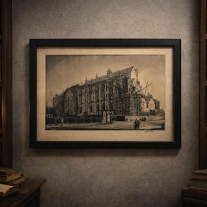 以下が含まれることがあります： 建設中の大きな建物を描いた、額入りの白黒建築プリント。 プリントは、古い本でいっぱいの本棚に挟まれた、テクスチャード加工された壁に掛けられています。 ろうそくの火と本が木製のテーブルの上にあります。