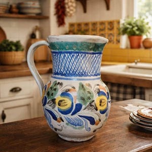 May include: A hand-painted ceramic pitcher with a white base, adorned with blue, yellow, and green floral patterns. The top features a blue lattice design and a green rim. The pitcher sits on a wooden surface, suggesting a rustic kitchen setting.