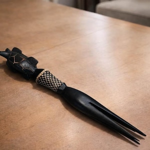 Vintage Kenyan Wood Turtle Salad Fork - Hand-Carved Ebony and Woven Raffia - 10 Inches