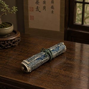 May include: A tightly rolled scroll featuring a blue and white patterned fabric exterior, secured with a thin green cord. The cylindrical scroll has visible wooden end caps and rests horizontally on a dark, polished wooden surface.
