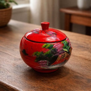 Puede incluir: Un recipiente redondo rojo con tapa y un pequeño botón en la parte superior. El recipiente está decorado con una escena de paisaje pintada con árboles, flores y un edificio. El recipiente está sobre una mesa de madera.