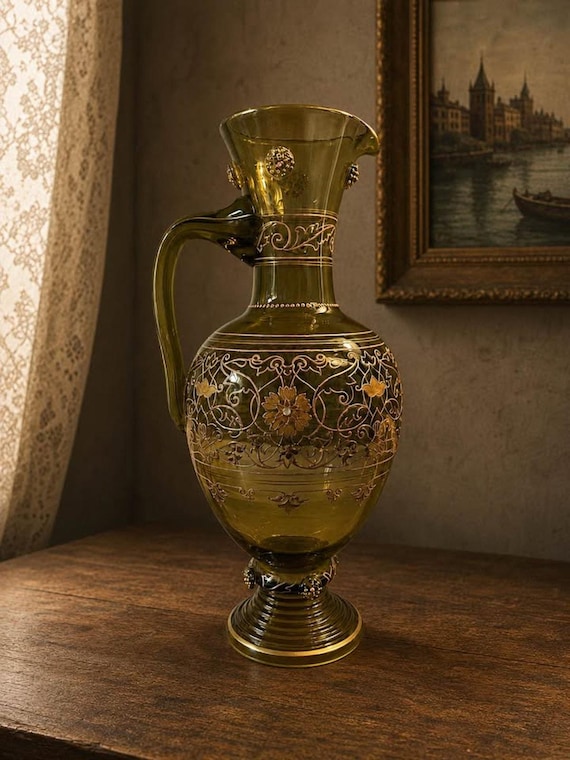 Antique Fritz Heckert Bohemian Art Glass Jeweled Ewer Pitcher - Etsy