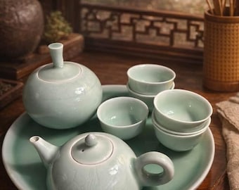 Vintage Celadon Porcelain Tea Set – 9 Piece Embossed Koi Floral Longquan Glaze Box