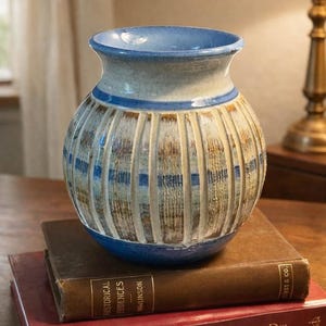 Op de afbeelding: Een keramische vaas met een blauwe rand en basis, en een crème en blauw gestreept lichaam. De vaas staat bovenop twee antieke boeken met zichtbare titels. De boeken zijn bruin en rood.