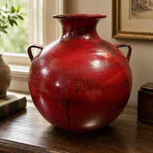 May include: A large, red ceramic vase with a glossy finish. The vase has a rounded body, a narrow neck, and two small handles. The vase is sitting on a wooden surface.