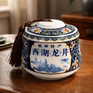 May include: A round, ceramic tea caddy with a lid, featuring a blue and white floral design. The caddy has a brown tassel and Chinese characters. The caddy is sitting on a wooden surface.