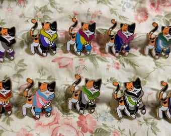 May include: A collection of enamel pins featuring a cartoon calico cat design. Each pin has a gold outline and depicts a cat wearing a hoodie in various pride flag colors, including rainbow, pink, blue, and green. The pins are arranged on a floral fabric.