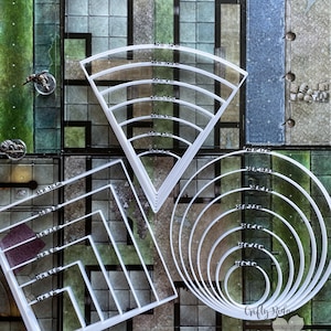 May include: White plastic templates for tabletop role-playing games. The templates include a set of circles, squares, and a fan-shaped set of arcs. The templates are labeled with measurements in feet and meters.