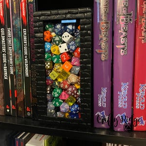 May include: A black brick-shaped bookend with a clear window filled with colorful dice. The bookend is on a bookshelf with several books, including "Tome of Beasts" and "Dungeon & Dragons" books.