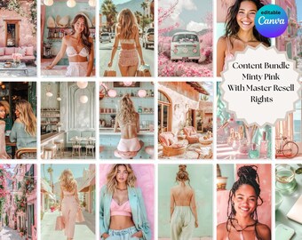 May include: A collage of images with a minty pink theme. The images include women in various settings, a vintage van, and beauty products. The text "Content Bundle Minty Pink With Master Resell Rights" is also visible.