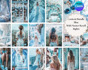 May include: A collage of images with a blue theme. The images include a bedroom, a shop front with a bicycle, a woman in a long dress, a vintage car, and text that reads "Content Bundle Blue With Master Resell Rights".