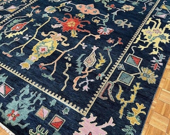 Marinblå handknuten ullmatta, tribal Oushak-matta, vintage turkisk matta
