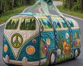 Quilted Camper Van Weekender Bag, Retro Boho Floral Travel Tote