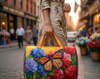 Bolso de fin de semana colorido con estampado de mariposas y hortensias para mujer, ideal para viajes de una noche.