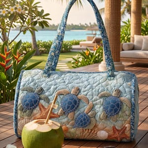 Puede incluir: Un bolso tote acolchado azul claro con un asa estampada floral. La bolsa presenta tortugas marinas, estrellas de mar y conchas aplicadas. Un coco verde con una pajita, gafas de sol y vidrio de mar están sobre una superficie de madera.