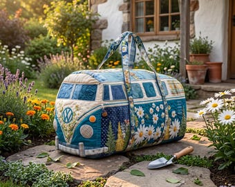 Blue Daisy Camper Van Quilted Duffle Bag, Cottagecore Travel Tote, Retro Overnight Bag