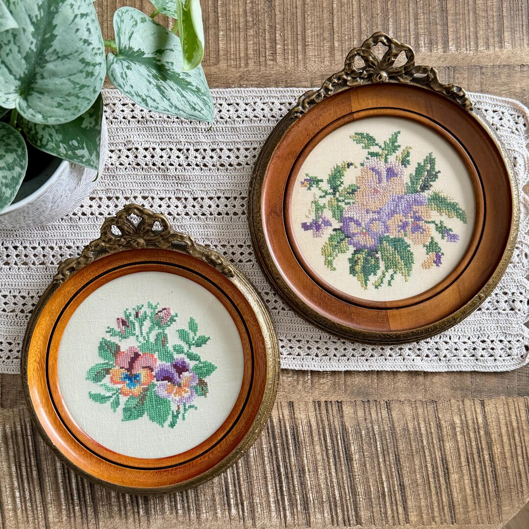 Vintage Framed Needlepoint Wall Art Set – Floral Cross Stitch in Wood ...