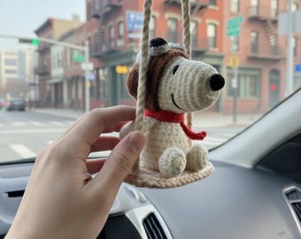 Crochet Pilot Snoopy Car Hanging, Handmade Amigurumi Mirror Charm